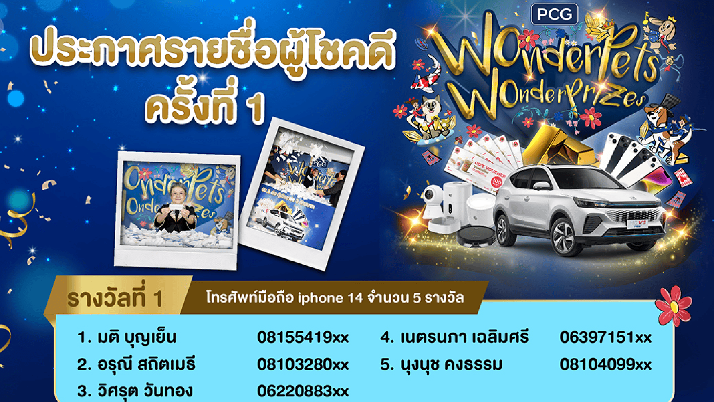 ประกาศรายชือผู้โชคดีจากกิจกรรม PCG WonderPets WonderPrizes